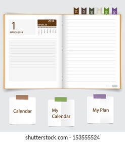 2014 calendar on notebook paper, March. Vector illustration.