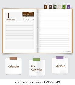 2014 calendar on notebook paper, February. Vector illustration.