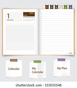 2014 calendar on notebook paper, July. Vector illustration.
