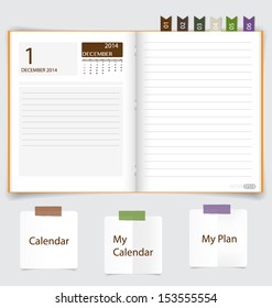 2014 calendar on notebook paper, December. Vector illustration.
