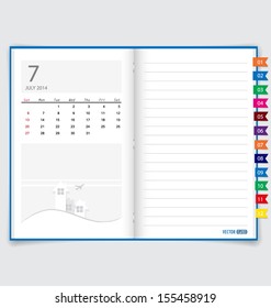 2014 calendar on notebook paper, July. Vector illustration.