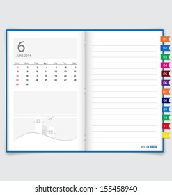 Calendario de 2014 en papel portátil, junio. Ilustración vectorial.