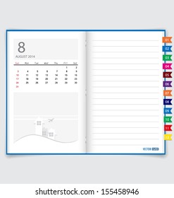 2014 calendar on notebook paper, August. Vector illustration.