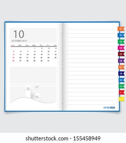 2014 calendar on notebook paper, October. Vector illustration.