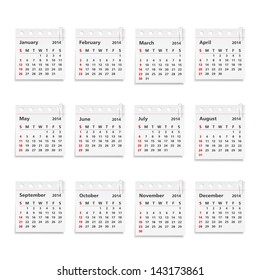 2014 Calendar on paper sheets with clips, vector eps10 illustration