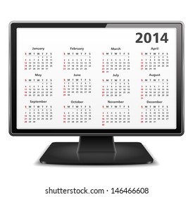 2014 Calendar on the screen of computer monitor, vector eps10 illustration