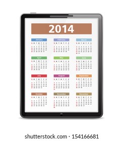 2014 Calendar on the screen of tablet pc, vector eps10 illustration