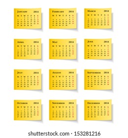 2014 Calendar on yellow sticky notes, vector eps10 illustration
