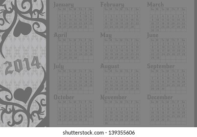 A 2014 calendar page in a gothic style.