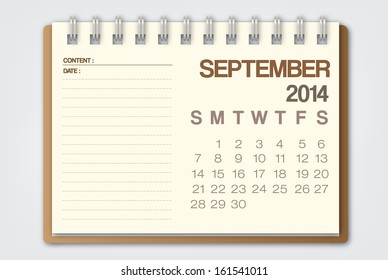 2014 Calendar September Notebook Design Vector