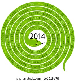 2014 calendar spiral-shaped snake, green on white background