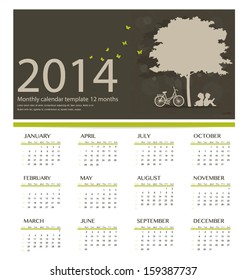 2014 calendar, tree design. Vector illustration.