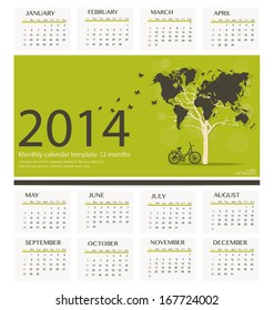 2014 calendar, tree shaped world map design. Vector illustration.