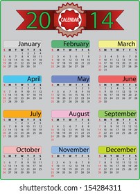 2014 calendar vector with red ribbon and months. Abstract colorful calendar vector illustration with red label. Sunday start calendar vector. 