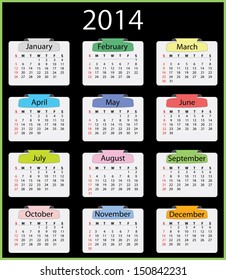 2014 calendar in vibrant color with label on black background. Sunday start calendar vector. Months are grouped separately, easy to edit. 