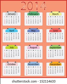 2014 calendar in vibrant color with label. Sunday start calendar vector. Months are grouped separately, easy to edit. 