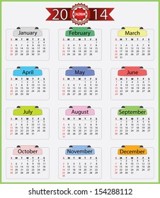 2014 calendar in vibrant color with label. Sunday start calendar vector. Easy to edit vector illustration, elements are grouped separately.