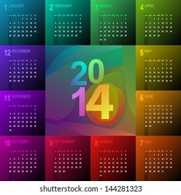 2014 calendar with vibrant colors - week starts with sunday