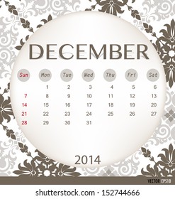 2014 calendar, vintage calendar template for December. Vector illustration.