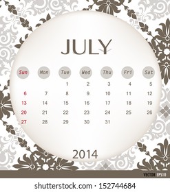 2014 calendar, vintage calendar template for July. Vector illustration.
