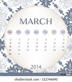 2014 calendar, vintage calendar template for March. Vector illustration.