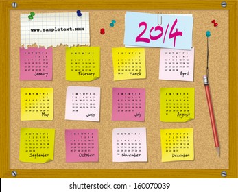 2014 calendar - week starts on Sunday - cork board with notes and pushpins 