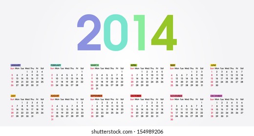 2014 Calendar. Weeks start with Sunday. Colorful vector illustration on white background. Easy to edit.