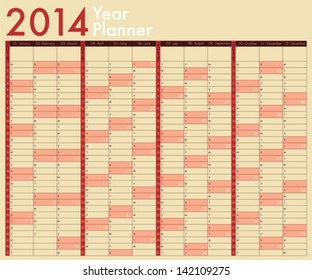 2014 Calendar. Year Planner. Week starts on Sunday