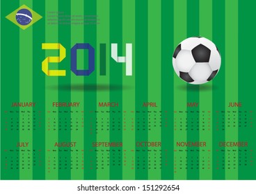 2014 calendar,green football or soccer field background, eps 10 vector.