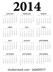 2014 Calendar.Weeks start on Sunday.