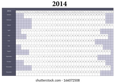 2014 Calendar.Weeks start on Sunday.