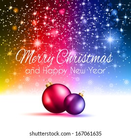2014 Christmas Colorful Background with a waterfall of ray lights and a lot of baubles and stars.