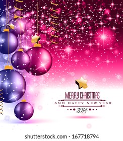 2014 Christmas Colorful Background with a waterfall of ray lights and a lot of baubles and stars.