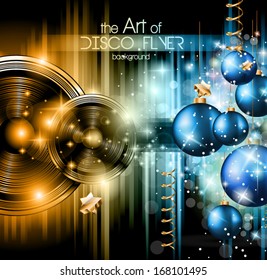 2014 Christmas and New Yaer Colorful Background with a waterfall of ray lights and a lot of baubles and stars.