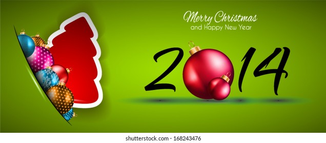 2014 Christmas and New Year Colorful Background with a waterfall of ray lights and a lot of baubles and stars.