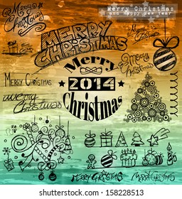 2014 Christmas Vintage typograph design elements: vintage labels. ribbons, stickers, baubles and gift boxes, birds, liquid drops, swirls and a fantastic grunge background