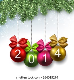 2014 colorful balls. Detailed christmas background of fir bundle. Vector illustration. 