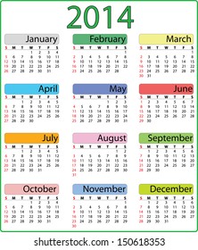 2014 colorful calendar vector illustration. Editable isolated vector calender. Sunday start calendar illustration.