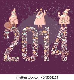 2014 concept card in vector. Cartoon Santa with presents on 2014 word made of flowers