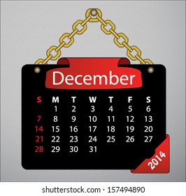 2014 December calendar on black sign, with golden chain and red labels. Simple easy to edit calendar template vector on metallic background. Sunday start calender vector. 