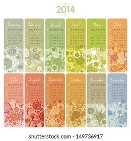 2014 Decorative calendar set with vertical banners or cards. Week starts on Sunday.