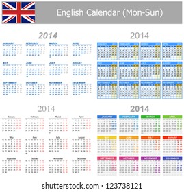 2014 English Mix Calendar Mon-Sun