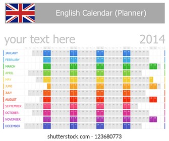 2014 English Planner Calendar with Horizontal Months