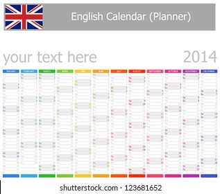 2014 English Planner Calendar with Vertical Months