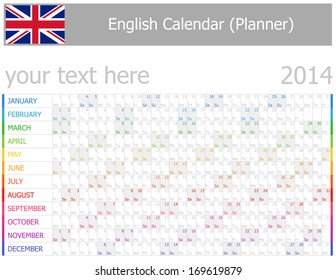 2014 English Planner-2 Calendar with Horizontal Months on white background