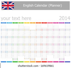 2014 English Planner-2 Calendar with Vertical Months on white background