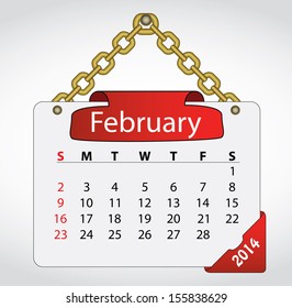 2014 february calendar on sign, with golden chain and red labels. Simple easy to edit calendar template vector. Sunday start calender vector.   