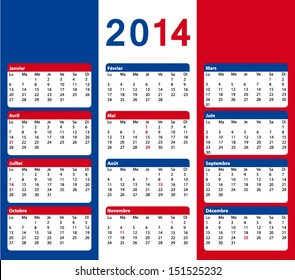 2014 french calendar with public holidays. Flag colors. Vector illustration.