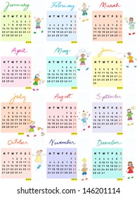 2014 full calendar design with happy schoolkids, hand drawn illustrations for 12 months