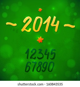 2014, greeting the new year. Green vector illustration with watercolor texture. Light and glare of the sun. Strokes of paint figures template